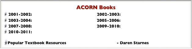 ACORN Books
 2001-2002:  APStat_AcornBook0102.pdf        2002-2003: APStat_AcornBook0203.pdf
 2003-2004:  APStat_AcornBook0304.pdf        2005-2006:  APStat_AcornBook0506.pdf                                              
 2007-2008:  APStat_AcornBook0708.pdf        2009-2010:  APStat_AcornBook0910.pdf
 2010-2011:  APStat_AcornBook1011.pdf

Popular Textbook Resources TextbookResources.pdf - Daren Starnes